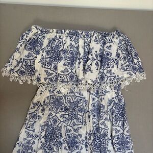 Blue and white floral sleeveless dress boho beachy Size S